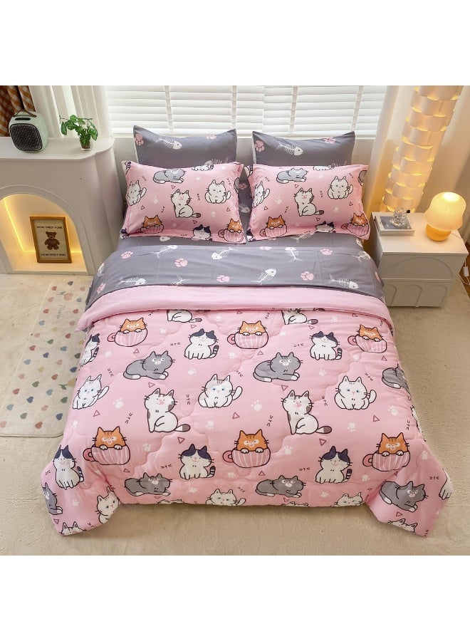 Gusuhome 7 Piece Girls Cat Comforter Set Full Size Bed in A Bag Pink Cute Cartoon Pet Cats Bedding Set for Kids Boys Teens (1 Comforter, 1 Flat Sheet, 1 Fitted Sheet, 4 Pillow Sham) Gray - Image 4